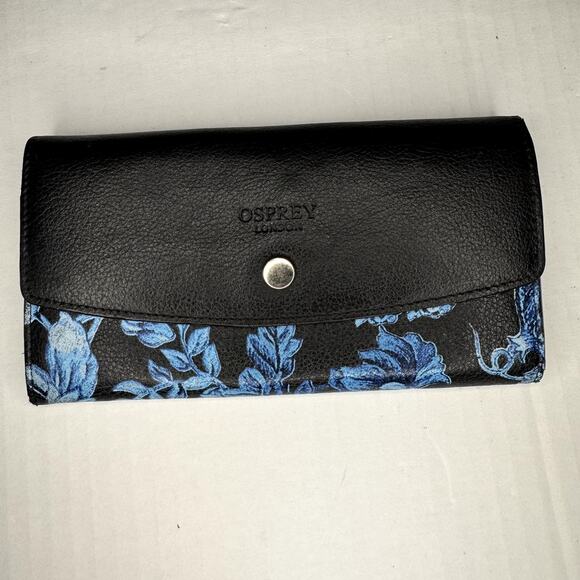 Women's Osprey Black Blue Floral Print Leather‎ Snap Closure Clutch Wallet sz OS - Picture 1 of 10
